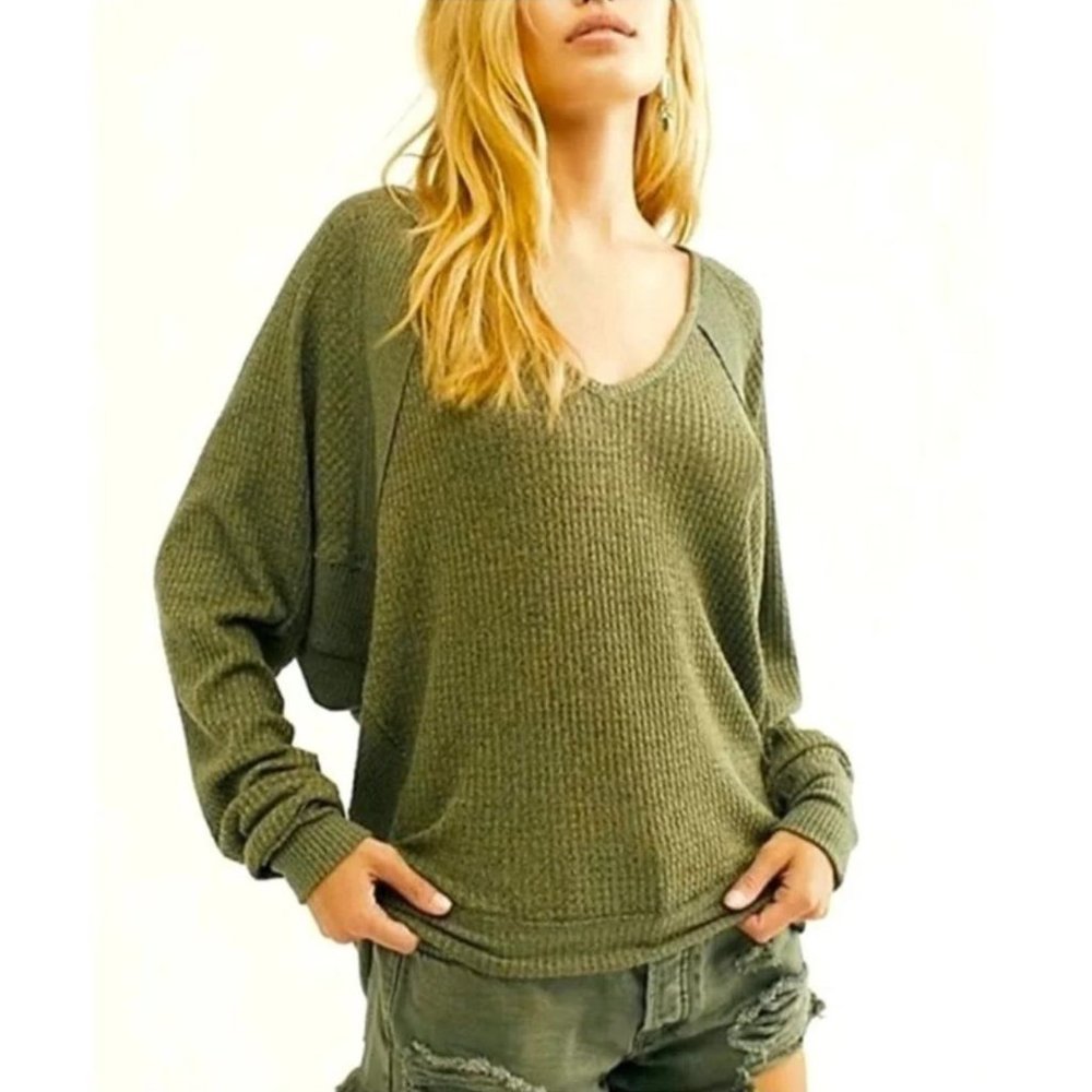 Free People Santa Clara Thermal Dolman Sleeve Vneck Oversized Top Large NWT